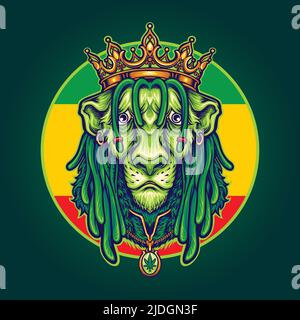 Rasta lion king cool avec reggae couronne vecteur illustrations pour votre logo de travail, t-shirt de marchandises, autocollants et dessins d'étiquettes, poster, carte de voeux Illustration de Vecteur