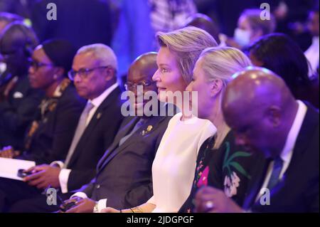 Bruxelles, Belgique, le 21 juin 2022. Reine Mathilde de Belgique photographiée pendant les Journées européennes du développement avec la Reine belge comme défenseur des objectifs des Nations Unies en matière de développement durable, à Bruxelles, le mardi 21 juin 2022. BELGA PHOTO BRUNO FAHY Banque D'Images