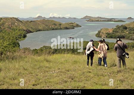 Un groupe de visiteurs se tenant sur la prairie, dans un fond de paysage côtier de Loh Buaya dans l'île de Rinca, une partie du parc national de Komodo à l'ouest Manggarai, est Nusa Tenggara, Indonésie. Banque D'Images