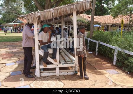 Spectateurs regardant des chevaux en train d'être conduits autour de l'anneau de parade avant une course, champ de courses de Ngong, chemin de Ngong, Nairobi, Kenya. 1 mars 2015 Banque D'Images