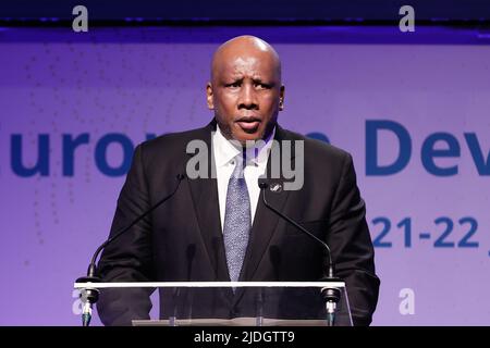 Bruxelles, Belgique, le 21 juin 2022. Le roi Letsie III du Lesotho photographié pendant les Journées européennes du développement avec la Reine belge comme défenseur des objectifs des Nations Unies en matière de développement durable, à Bruxelles, le mardi 21 juin 2022. BELGA PHOTO BRUNO FAHY Banque D'Images