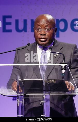 Bruxelles, Belgique, le 21 juin 2022. Le Président du Ghana Nana Akufo Addo prononce un discours lors des Journées européennes du développement avec la Reine belge en tant que défenseur des objectifs des Nations Unies en matière de développement durable, à Bruxelles, le mardi 21 juin 2022. BELGA PHOTO BRUNO FAHY Banque D'Images