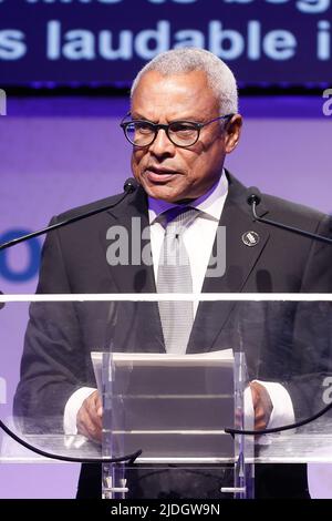 Bruxelles, Belgique, le 21 juin 2022. Le Président de la République Cabo Verde Jose Maria Neves prononce un discours lors des Journées européennes du développement avec la Reine belge en tant que défenseur des objectifs des Nations Unies en matière de développement durable, à Bruxelles, le mardi 21 juin 2022. BELGA PHOTO BRUNO FAHY Banque D'Images