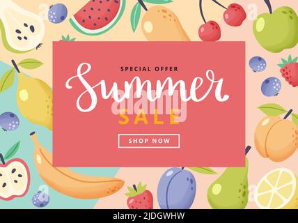 Bannière solde d'été avec fruits. Des fruits mignons dessinés à la main et des lettres. Illustration vectorielle modèle coloré de style dessin animé plat Illustration de Vecteur