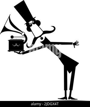 Illustration d'un lecteur de disques MAN et rétro. Moustache drôle dans le top holding vintage record joueur. Noir et blanc Illustration de Vecteur