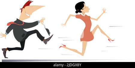 Homme, femme effrayée et souris. La jeune femme effrayée s'éloigne de l'homme qui tient la souris. Isolé sur fond blanc Illustration de Vecteur