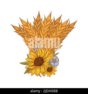 Cadre de bordure des oreilles de blé décoré de Perwinkle et de tournesol. Illustration de Vecteur