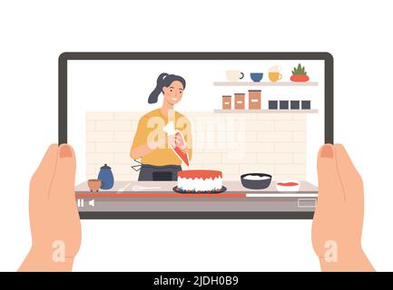 Mains tenant la tablette avec diffusion culinaire par vlogger Illustration de Vecteur