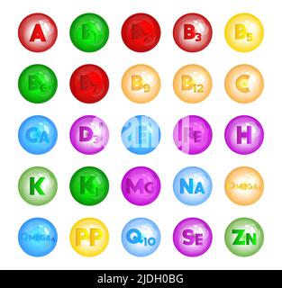 Multivitamine, vitamines et minéraux Vector Icon collection. VITAMINE A, B1, B2, B3, B5, B6, B7, B9, B12, C, CA, D3, E, Fe, H, K, K1, mg, Na, Omega3, OME Illustration de Vecteur