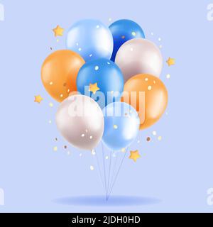 3d ballons, bande colorée et réaliste de ballons d'air roses et jaunes, étoiles et confetti sur fond bleu. Vœux d'anniversaire, douche de bébé, grand Illustration de Vecteur