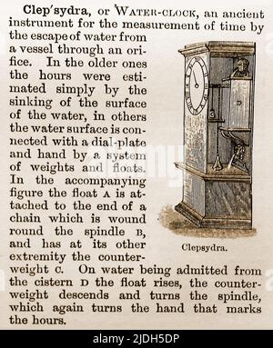 Illustration du siècle 19th montrant et décrivant un Clépsydra ou une horloge aquatique et son fonctionnement Banque D'Images