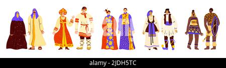 Les gens en costumes traditionnels. Couples en vêtements nationaux. Personnes de pays différents. Hommes et femmes en robe traditionnelle. Tenues pour hommes et femmes. Monde Illustration de Vecteur