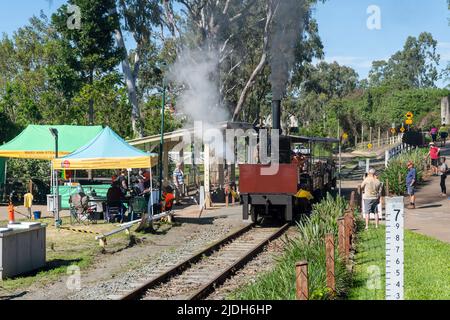 Passagers de la locomotive à vapeur Mary Ann Replica à Maryborough Queensland, en Australie Banque D'Images