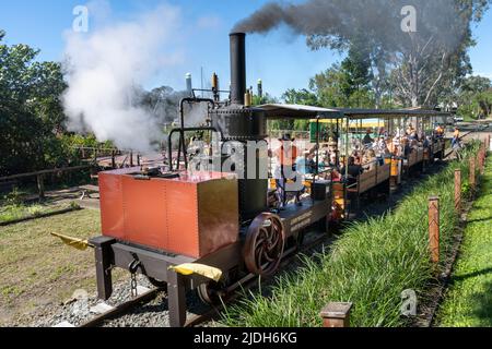 Passagers de la locomotive à vapeur Mary Ann Replica à Maryborough Queensland, en Australie Banque D'Images