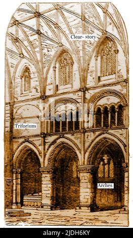 ARCHITECTURE CLASSIQUE - Une illustration du 19th siècle montrant l'histoire claire, le triforium et les arches dans l'abbaye de Nave of Malmesbury, Wiltshire, Royaume-Uni. Banque D'Images