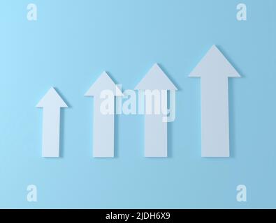 Les 3D flèches blanches montantes sont affichées sur fond bleu Banque D'Images