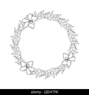 Couronne fleur tirée à la main, bouillie de fleurs, décoration de mariage, cadre rond avec branches de feuilles et bouillie de fleurs. Illustration vectorielle Illustration de Vecteur