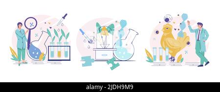 Modification génétique des animaux et des plantes et bioingénierie. Bannières représentant des scientifiques qui créent des aliments génétiquement modifiés pour lutter contre la faim et l'incre Illustration de Vecteur