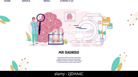 Bannière du site Web sur le diagnostic IRM pour la neurologie et la prévention des maladies cérébrovasculaires. Page web de l'examen médical du cerveau, vecteur plat illu Illustration de Vecteur