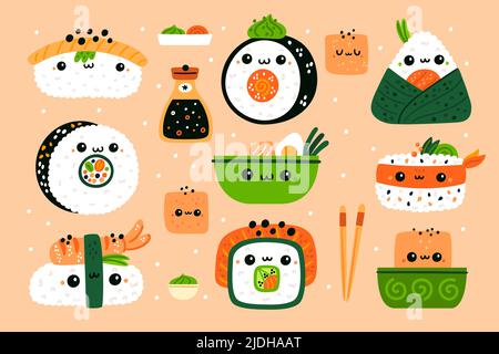 Cuisine japonaise amusante. Personnages de sushi mignons. Petits pains et salades kawaii. Cuisine asiatique. Tofu et sauce soja. Algues avec riz. Remplissage de saumon. Sashimi Illustration de Vecteur