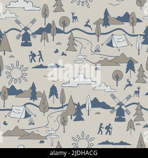 Motif vectoriel sans couture avec paysage de camping sur fond gris. Papier peint décoratif style de vie. Textile de mode de randonnée. Illustration de Vecteur