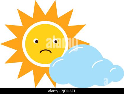 Le soleil se cache derrière le cloud. Émoticône triste. Mécontent personnage emoji Illustration de Vecteur