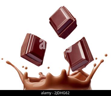 gros plan de la projection de lait au chocolat dans le verre et des morceaux de chocolat sur fond blanc Banque D'Images