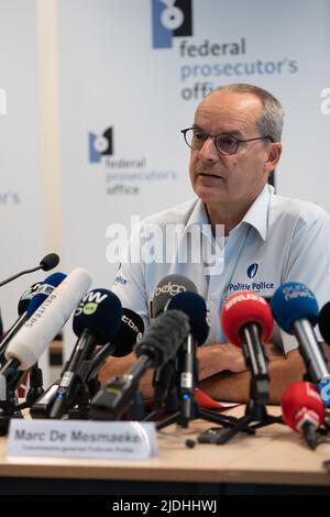 Bruxelles, Belgique, le 21 juin 2022. Commissaire général de la police fédérale Marc de Mesmaeker photographié lors d'une conférence de presse du parquet fédéral, Affaires étrangères, police fédérale et Défense, concernant le rapatriement des FEMMES et des enfants belges, à Bruxelles, le mardi 21 juin 2022. La nuit dernière, la Belgique a de nouveau rapatrié des femmes et des enfants de camps en Syrie. Les enfants ont tous moins de 12 ans. Le mois dernier, il a été annoncé que la Belgique avait organisé une nouvelle mission consulaire en Syrie. Une équipe d'enquête belge s'est rendue dans le camp de Roj, où un certain nombre d'entre elles ont été Banque D'Images