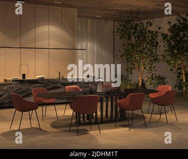 Cuisine ouverte de luxe et salle à manger avec éclairage de nuit, plantes vertes - arbres, sol en pierre, plafond en bois. 3d intérieur de l'illustration de rendu. Banque D'Images