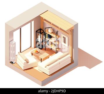 Intérieur de salon moderne vectoriel isométrique. Chambre avec poutres en bois. Canapé avec oreillers, table basse et bibliothèque. Section poly basse Illustration de Vecteur