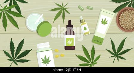 Cosmétiques de chanvre, huile de cbd et cannabis avec feuilles de chanvre Illustration de Vecteur