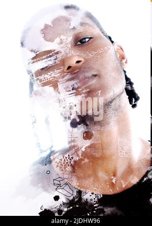 Peinture. Portrait d'un jeune homme élégant combiné à un tableau Banque D'Images