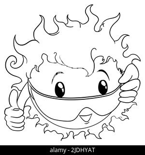 Soleil souriant, criant sur vous avec le pouce vers le haut et portant des lunettes de soleil pendant l'été. Design incolore dans les contours pour le colorer. Illustration de Vecteur