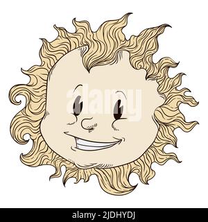 Design rétro et contours avec soleil souriant, couleur jaune pâle et isolé sur fond blanc. Illustration de Vecteur