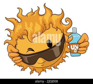 Soleil mignon tenant ses lunettes de soleil, se tordre à vous et la promotion de la protection contre les rayons UV avec l'utilisation de crème solaire. Illustration de Vecteur