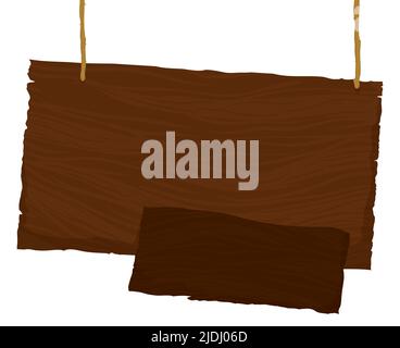 Modèle de conception dans le style de dessin animé d'un grand panneau en bois suspendu dans une vieille corde avec d'autres plus petits. Illustration de Vecteur