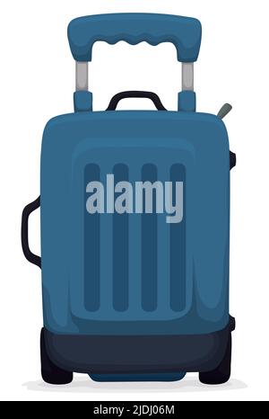 Valise bleue avec fermeture à glissière et levier pour la tirer en vue frontale. Design de style dessin animé sur fond blanc. Illustration de Vecteur