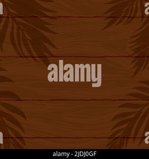 Vue sur le gabarit de panneau en bois, avec silhouettes de feuilles de palmier. Design de style dessin animé. Illustration de Vecteur