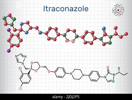 Molécule d'itraconazole. Il est triazole antifongique médicament utilisé pour le traitement de diverses infections fongiques. Modèle de molécule. Feuille de papier dans une cage. V Illustration de Vecteur