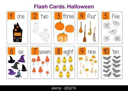 Halloween Cute Spooky vacances symboles nombre d'apprentissage cartes flash imprimables, feuille de travail éducative en anglais pour les enfants, maternelle, maternelle, pré-école ou activités de loisirs, ressources pour enseignants, jeu Illustration de Vecteur