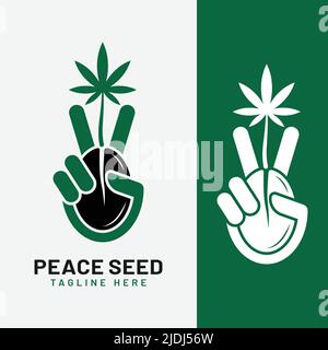 Modèle de conception de logo de la paix à deux doigts pour les graines de cannabis Weed. Convient aux fermes de cannabis, aux fermes de marijuana, aux marques de Weed, aux magasins de fumée de chanvre, etc. Illustration de Vecteur