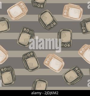 Motif rétro gravé sans couture. Fond de télévision vintage de style dessiné à la main. Texture vectorielle répétée pour l'impression, le tissu, l'emballage, le papier peint, Illustration de Vecteur