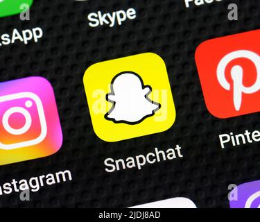 Application Snapchat sur un smartphone, gros plan Banque D'Images