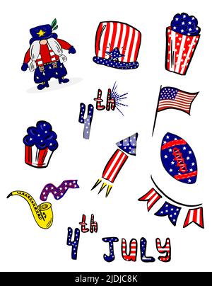 Ensemble de symboles nationaux des États-Unis pour le jour de l'indépendance. 4th juillet. Éléments pour cartes de vœux et affiches. Vecteur, Illustration. Illustration de Vecteur