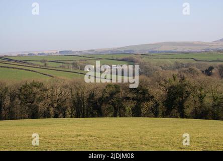 Ferme typique du nord du Devon avec le parc national de Dartmoor en arrière-plan Banque D'Images