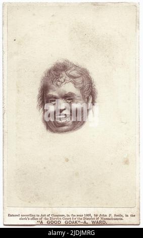 Carte de visite d'un dessin du visage d'un homme qui rit, 1866. La légende se lit comme suit: «Entrée en vertu de l'Acte du Congrès, en l'an 1866, par John. P. Soule, au bureau du greffier du tribunal de district du district du Massachusetts. 'Un bon goak' A. Ward.' Photographie de John P. Soule (1828 - 1904), basée sur une œuvre d'Artemus Ward (1834 - 1867) Banque D'Images