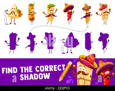 Caricature drôle de personnages de nourriture mexicaine trouver la feuille de travail de vecteur de jeu d'ombre correcte. Jeu de puzzle Tex-mex ou énigme pour enfants, jeu de mémoire de burrito mexicain, tacos, piment et quesadilla avec sombrero Illustration de Vecteur