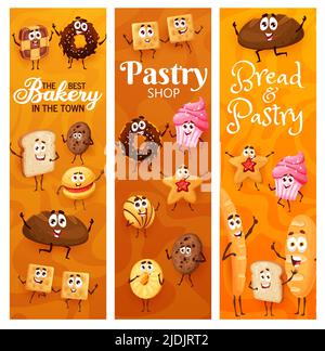Personnages de boulangerie, pâtisserie, gâteaux et biscuits. Beignet de pain et de confiserie Vector Funny, craquelins, muffins et biscuits au chocolat, cupcake, sablés, baguette, pain, toast ou star Illustration de Vecteur
