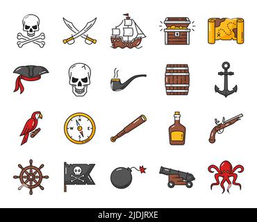 Les pirates des Caraïbes présentent des icônes. Vaisseau vectoriel, canon, capitaine et poitrine, boussole, ancrage, icônes de la carte du crâne et du trésor, épées croisées, chapeau et perroquet, drapeau noir, barre de bateau, symboles isolés au rhum Illustration de Vecteur