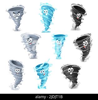 Mascottes de tornades de dessins animés, tourbillon de tempête de vecteur ou cyclone de torsadeur, personnages de la météo de vecteur, emblème de club de sport ou mascotte de ligue de varsity d'équipe d'ouragan de tornade Illustration de Vecteur